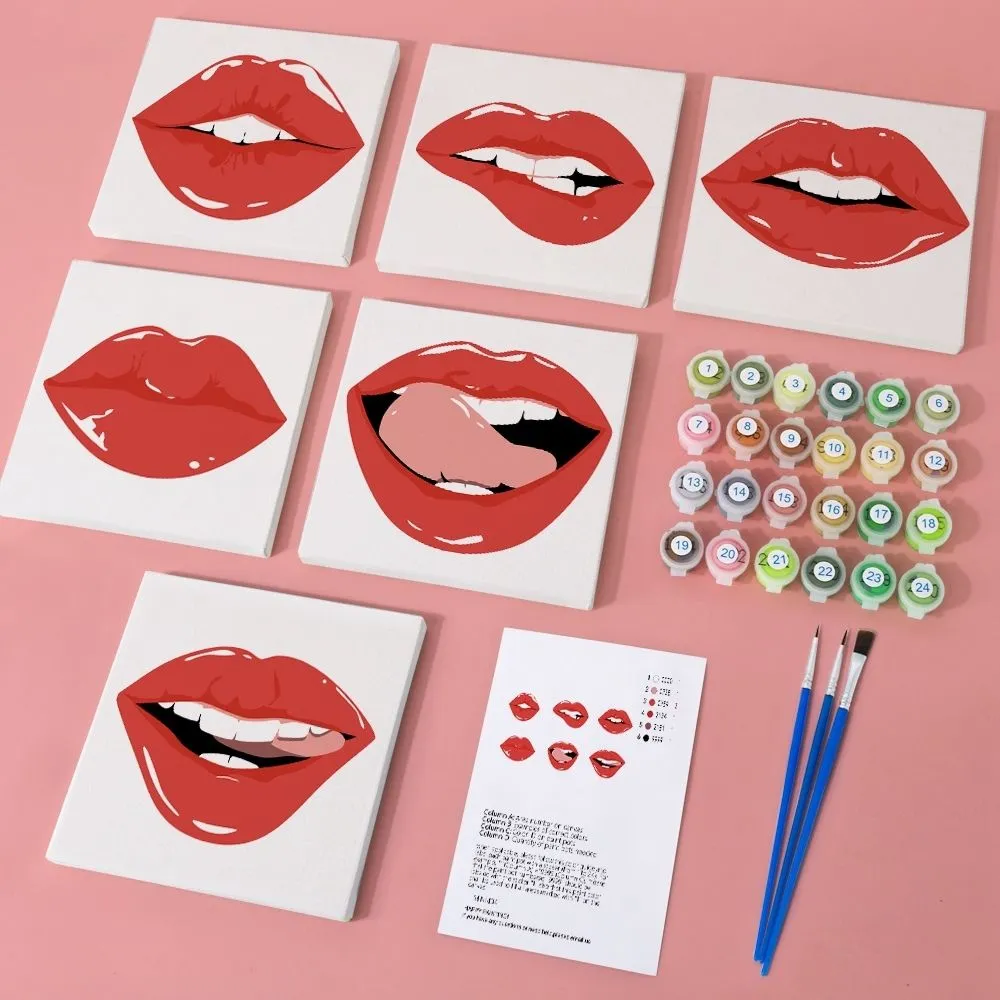 Figured'Art Rode Lippen mini schilderen op nummer 15x15 cm 6 stuks