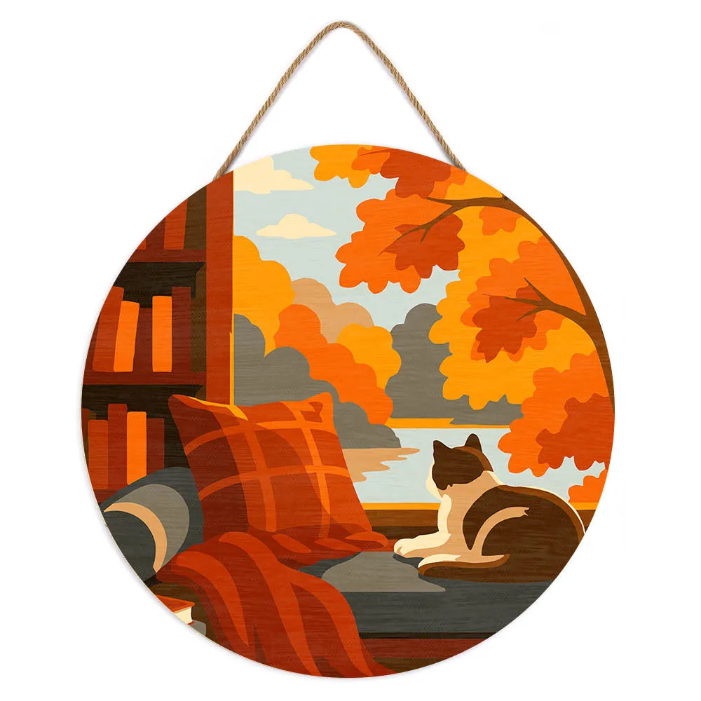 Figured'Art Herfstzicht Kat schilderen op nummer houten schijf 30 cm