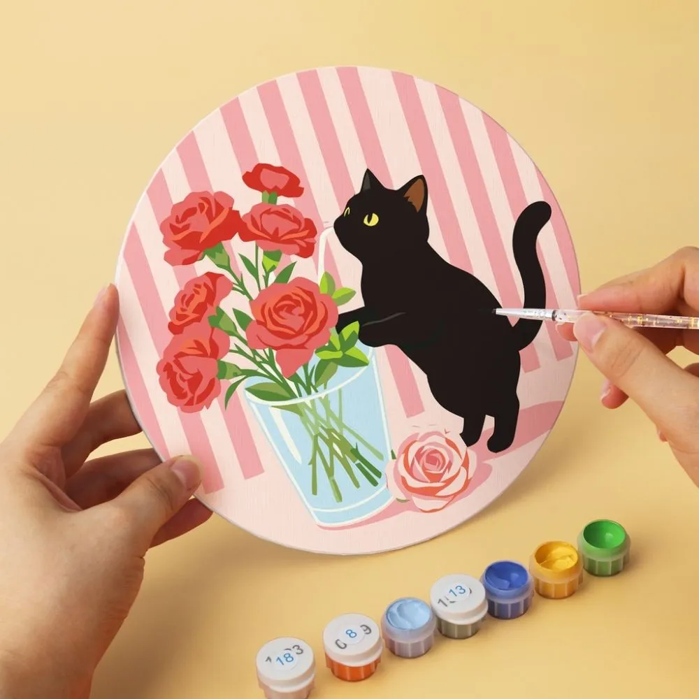 Figured'Art Mini Serie Zwarte kat en bloemen schilderen op nummer Ø20cm 6 stuks