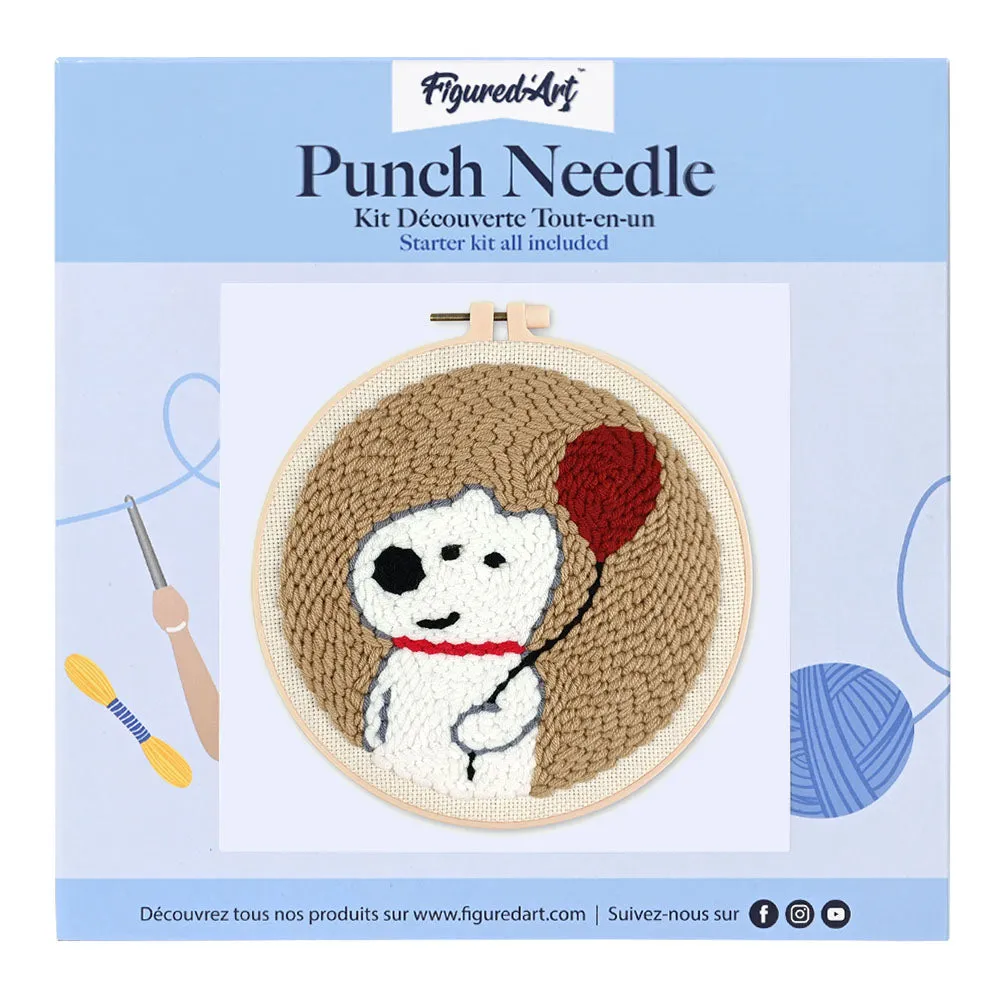Figured'Art Witte hond en ballon punch needle pakket 20 cm