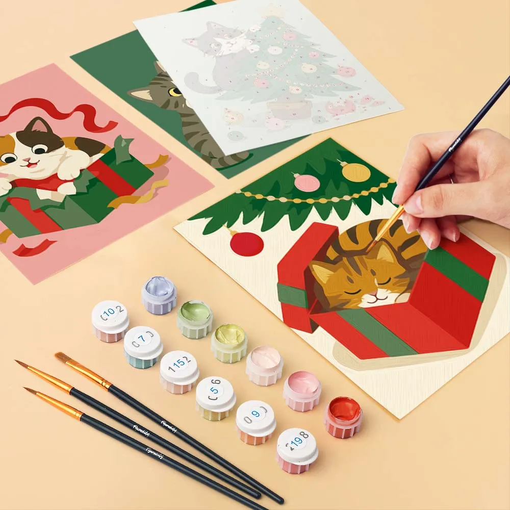 Figured'Art Kerstplezier Kittens mini schilderen op nummer 15x20cm 6 stuks