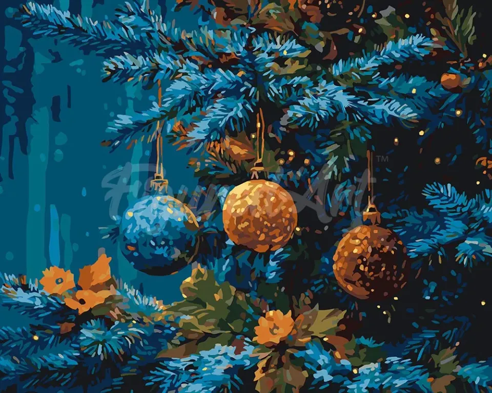 Figured'Art Blauwe Spar en Ballen schilderen op nummer 40x50 cm kerst
