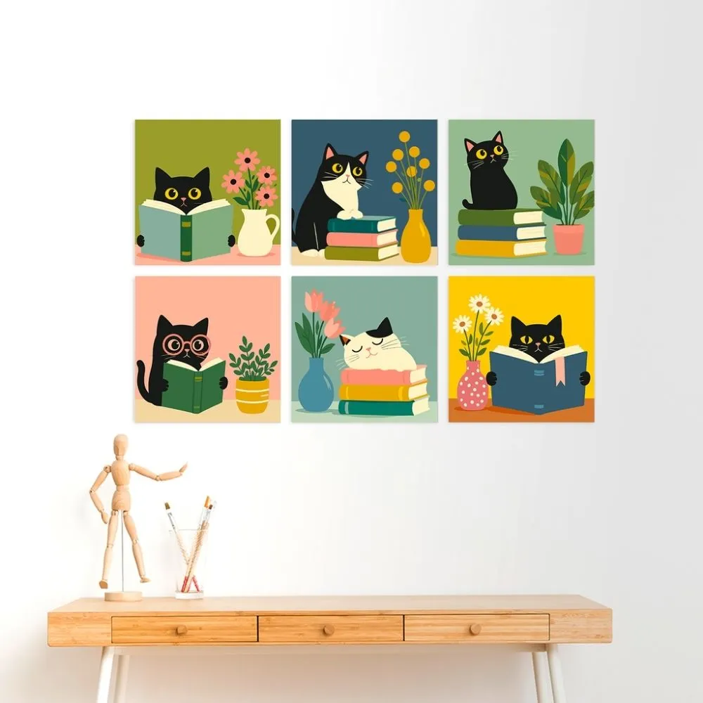 Figured'Art Literaire katten schilderen op nummer 20x20cm 6 stuks