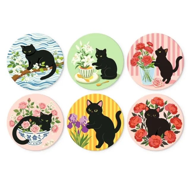 Figured'Art Mini Serie Zwarte kat en bloemen schilderen op nummer Ø20cm 6 stuks