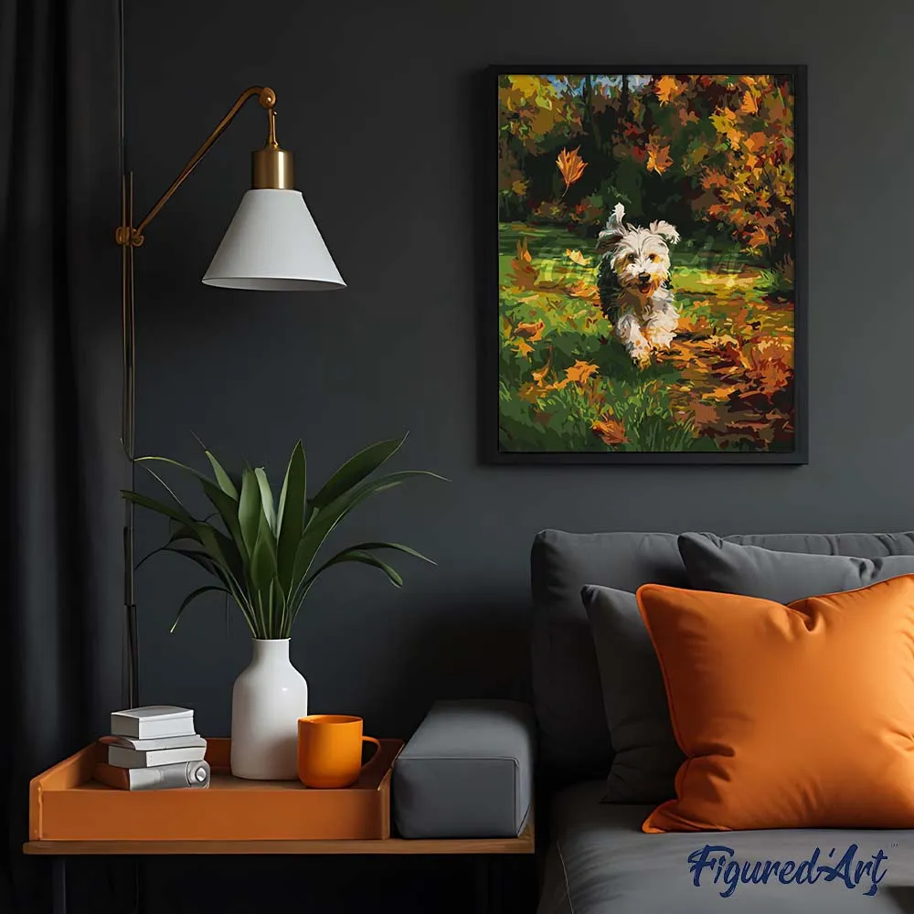 Figured'Art Vrolijke pup herfst schilderen op nummer hond middel