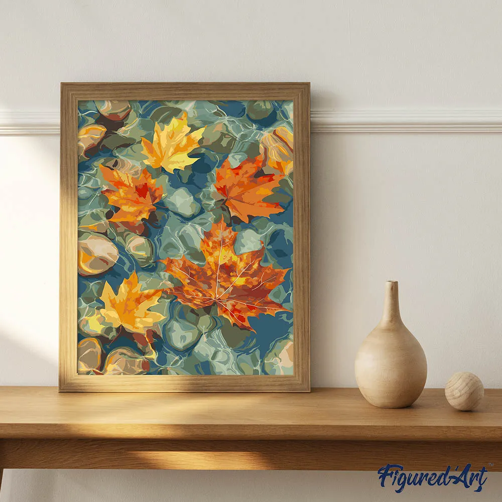 Figured'Art Amberbladeren op het water schilderen op nummer 40x50 gemiddeld