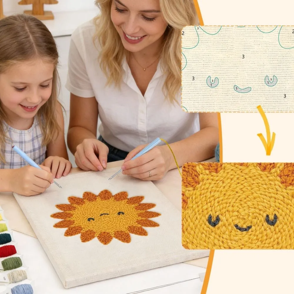 Figured'Art Lachende Zon punch needle pakket met frame zacht garen