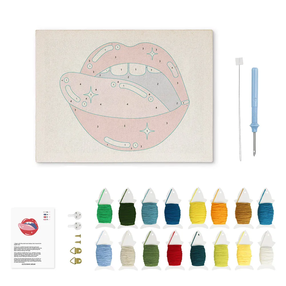 Figured'Art Punch Needle Pakket met frame Pop Art Lippen 20x30cm katoen