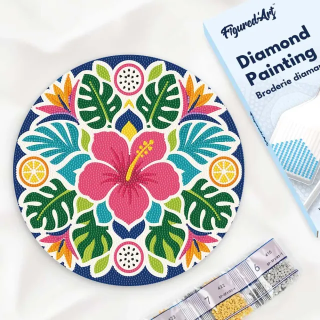 Figured'Art Hibiscusmandala diamond painting houten schijf 30 cm