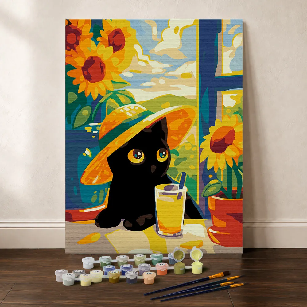 Figured'Art Zwarte Zomerkat cadeauset schilderen op nummer