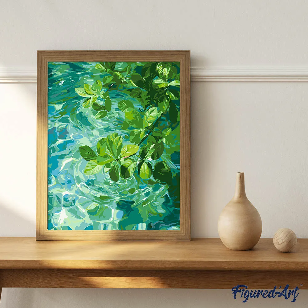 Figured'Art Bladeren op kristalhelder water schilderij op nummer 40x50
