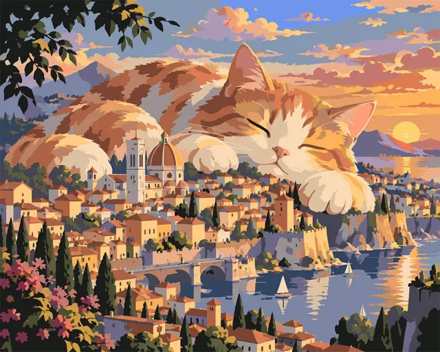 Figured'Art Reuzenkat boven de Stad Schilderen op Nummer 40x50