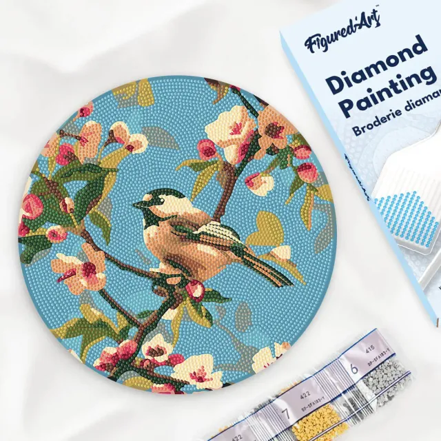 Figured'Art Vogel op een tak diamond painting houten schijf Ø30 rond