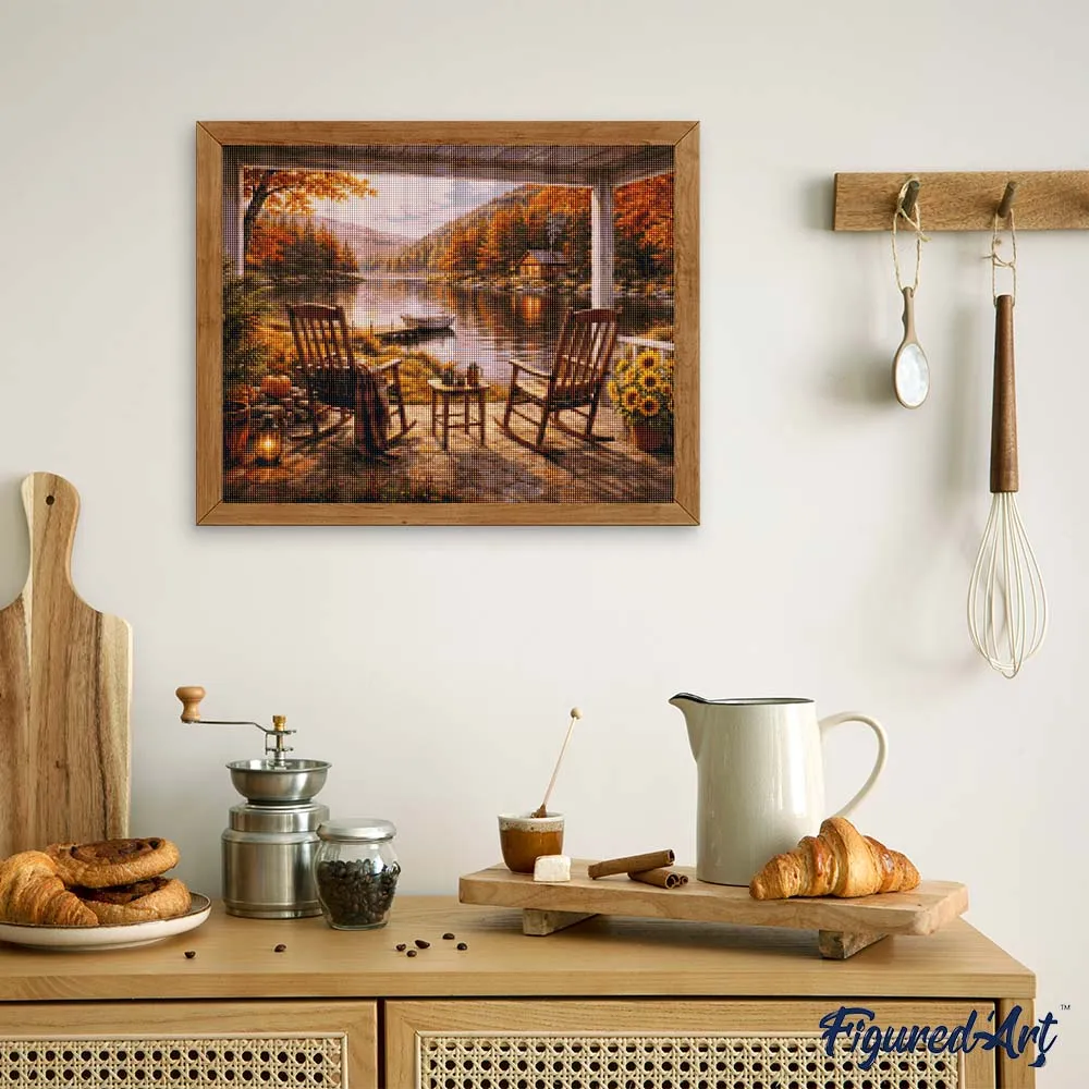 Figured'Art Herfstig toevluchtsoord aan het meer diamond painting 40x50 cm vierkant