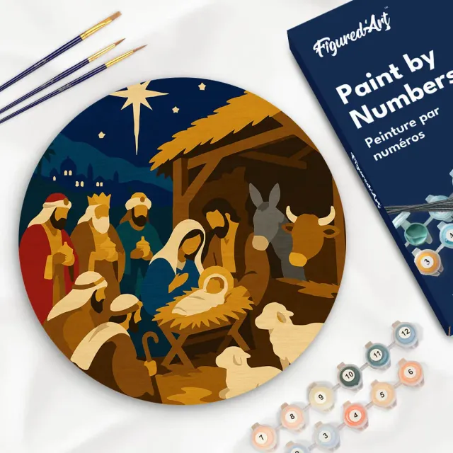 Figured'Art Kerststal schilderen op nummer houten schijf 30cm