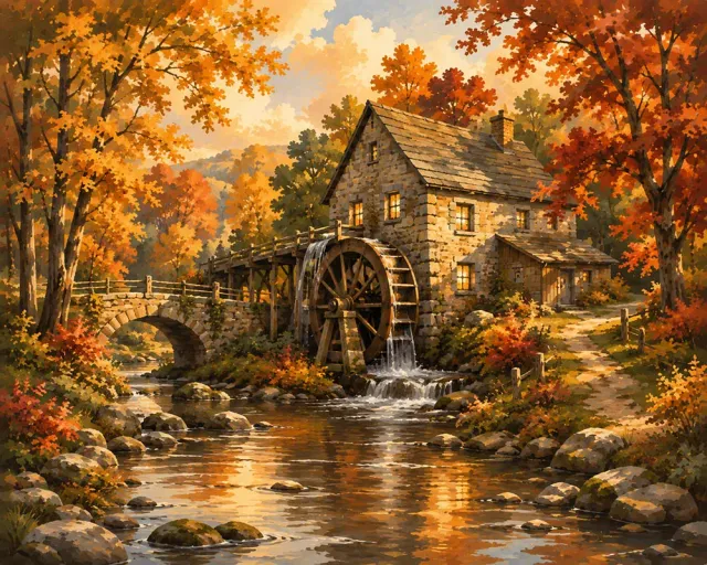 Figured'Art Oude Watermolen Herfst diamond painting 40x50 cm