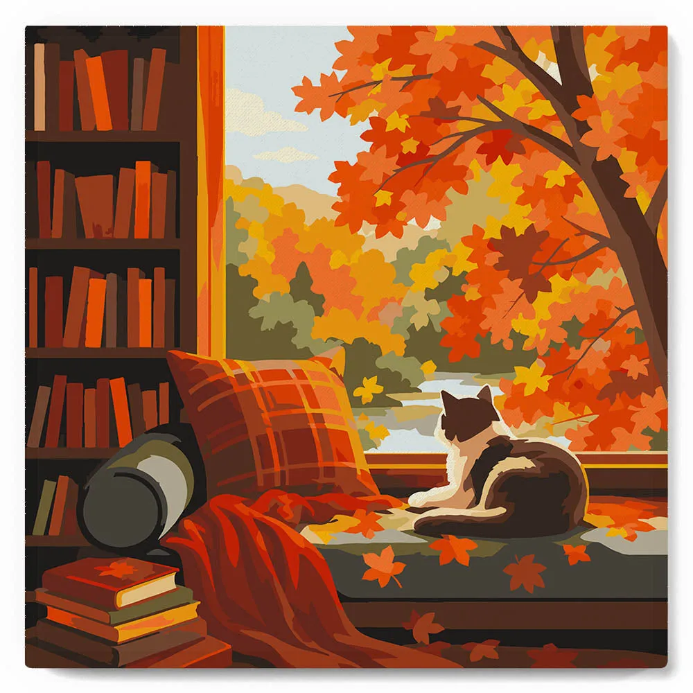 Figured'Art Herfstzicht van de kat schilderen op nummer 20x20cm frame