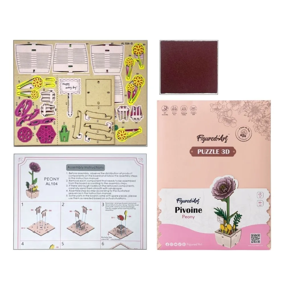 Figured'Art Pioenroos 3D puzzel hout 83 stukjes