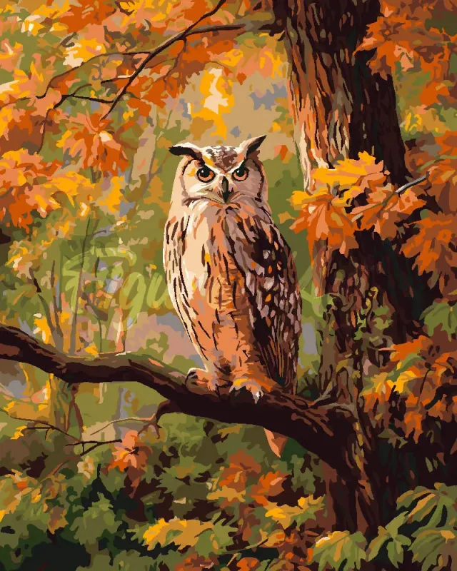 Figured'Art Uil tussen gouden bladeren schilderen op nummer 40x50