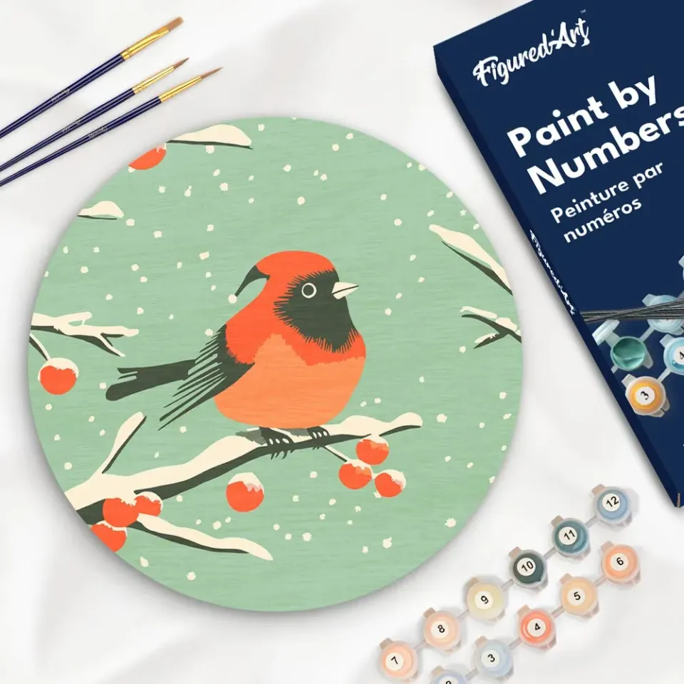 Figured'Art Winter roodborstje schilderen op nummer houten schijf 30 cm