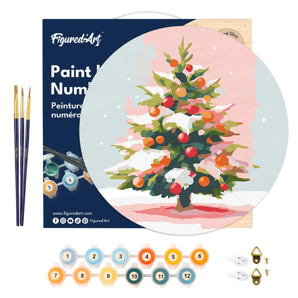 Figured'Art Besneeuwde kerstboom schilderen op nummer schijf 30 cm eenvoudig