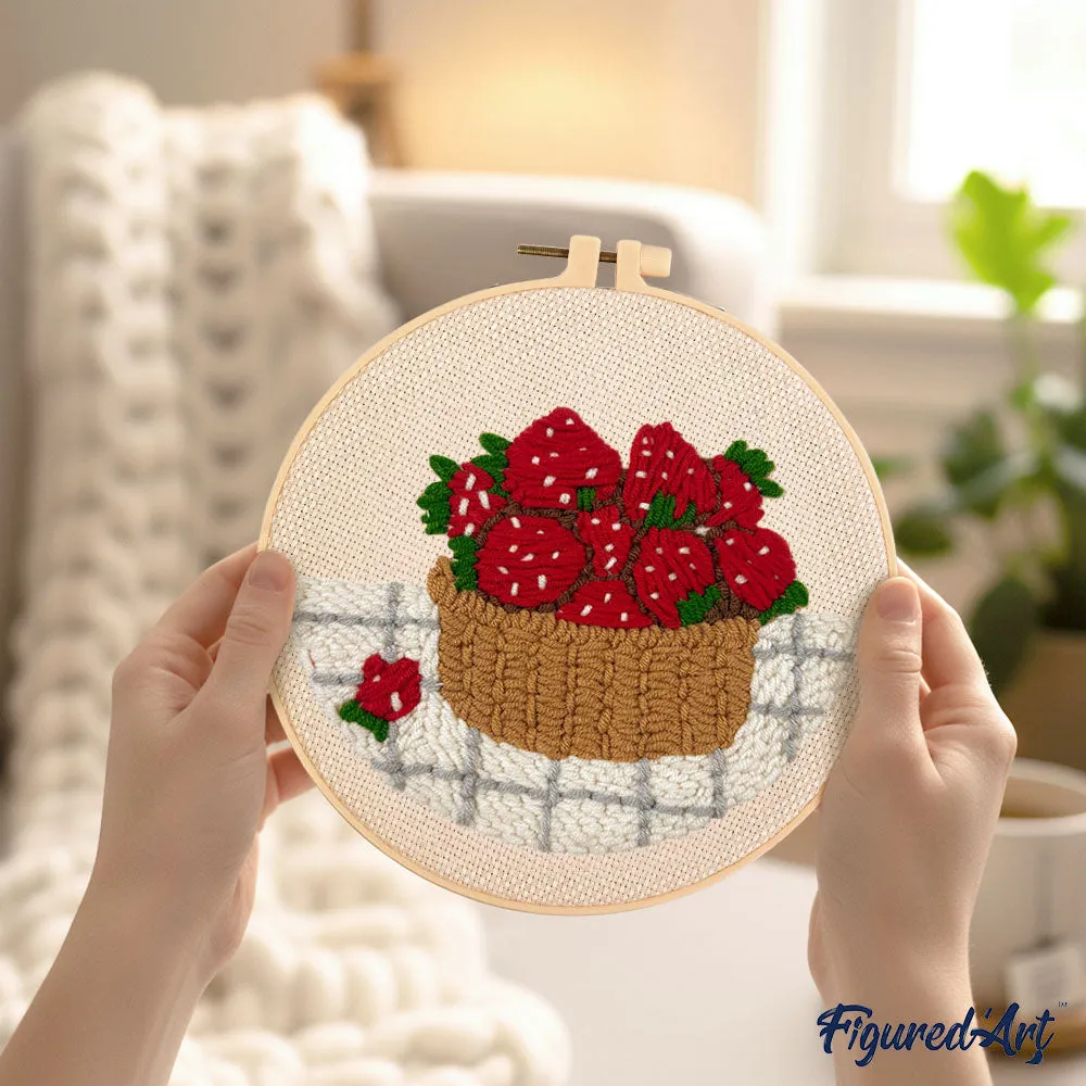 Figured'Art Aardbeienmand punch needle pakket 20 cm wol