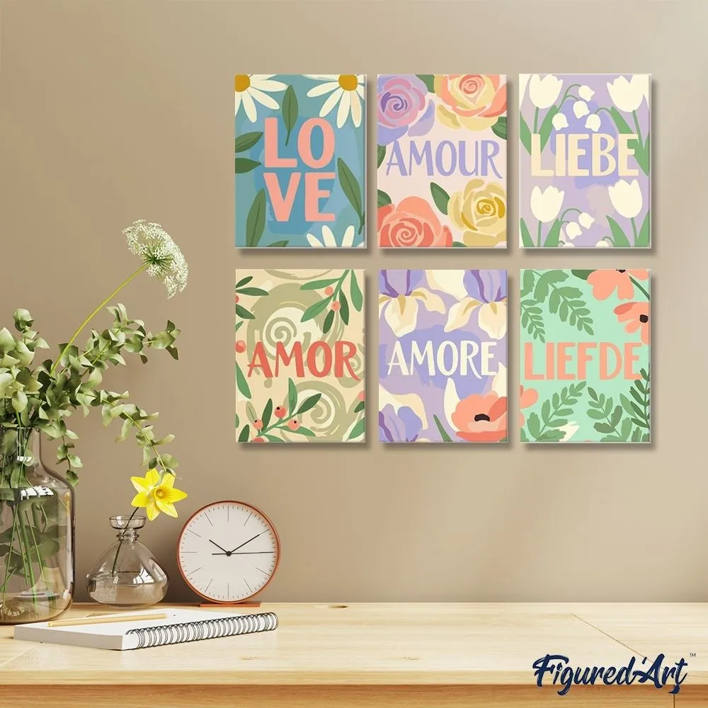 Figured'Art Bloemenliefde 1 schilderen op nummer mini 15x20 cm 6 stuks