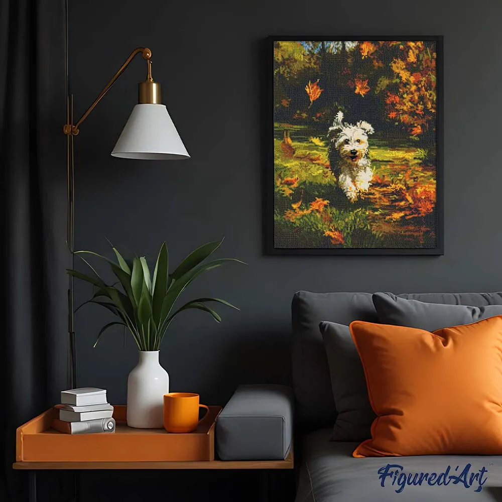 Figured'Art Vrolijke pup in de herfst diamond painting 40x50 hond