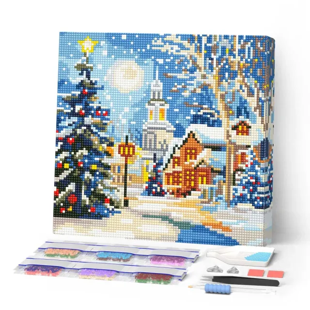 Figured'Art Besneeuwde kerststraat mini diamond painting 25x25 cm