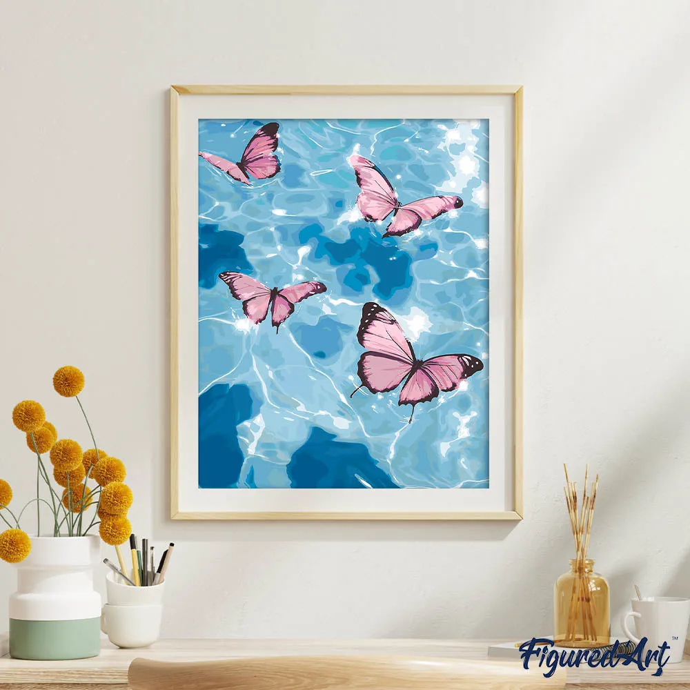 Figured'Art Roze vlinders op het water schilderij 40x50 cm