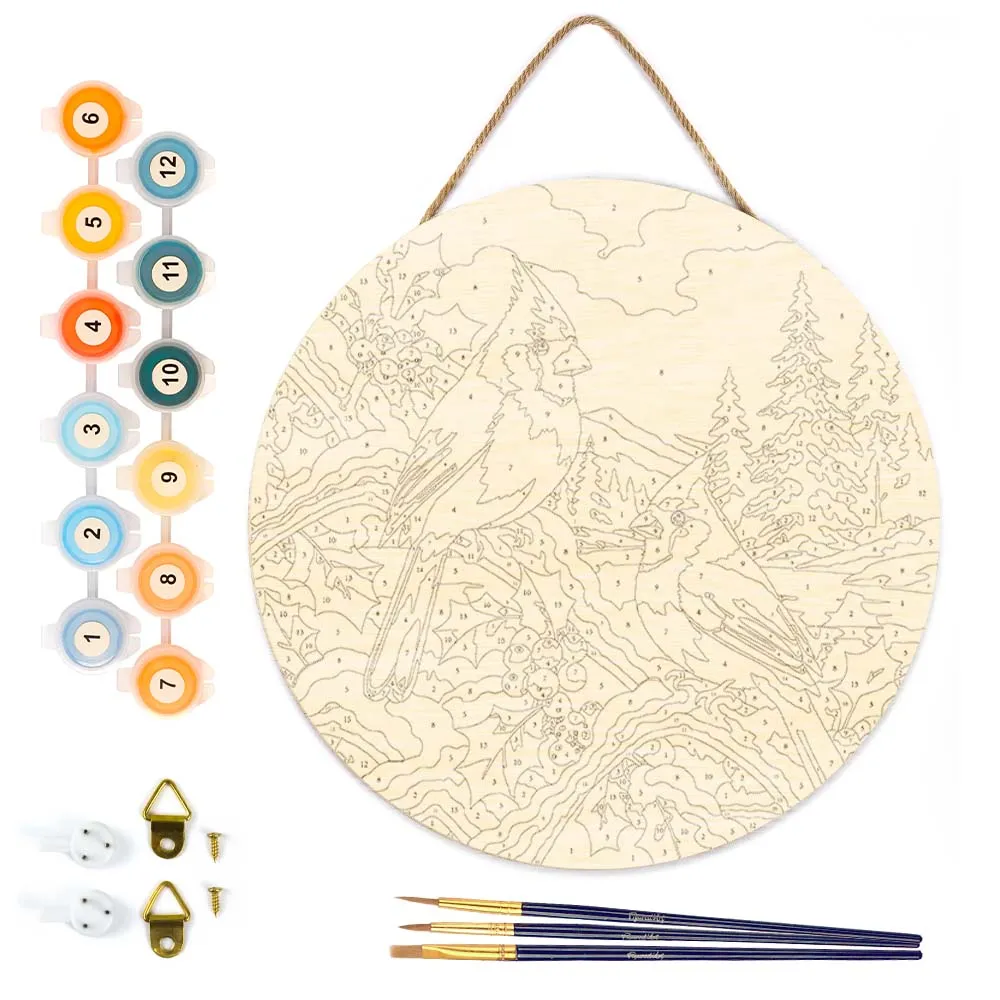 Figured'Art Winterkardinalen schilderen op nummer houten schijf 30cm