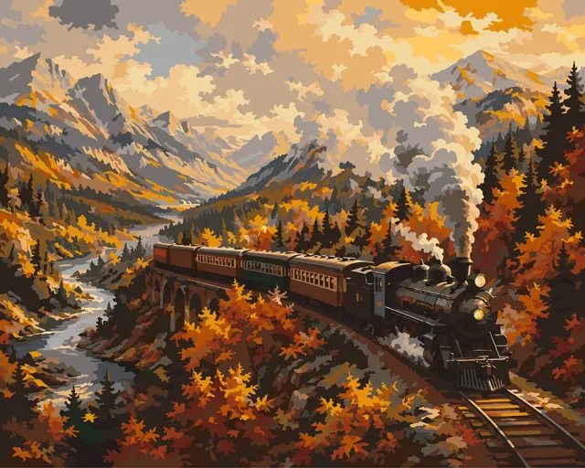 Figured'Art Stoomtrein door een Herfstdal schilderen op nummer 40x50cm