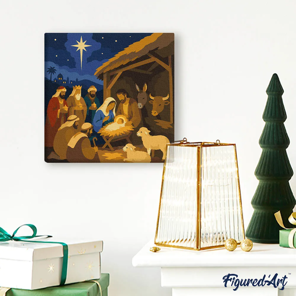 Figured'Art Mini Kerststal schilderen op nummer 20x20cm met frame