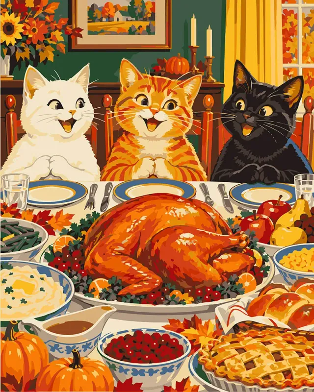 Figured'Art Thanksgiving Katten aan Tafel schilderen op nummer 40x50 cm