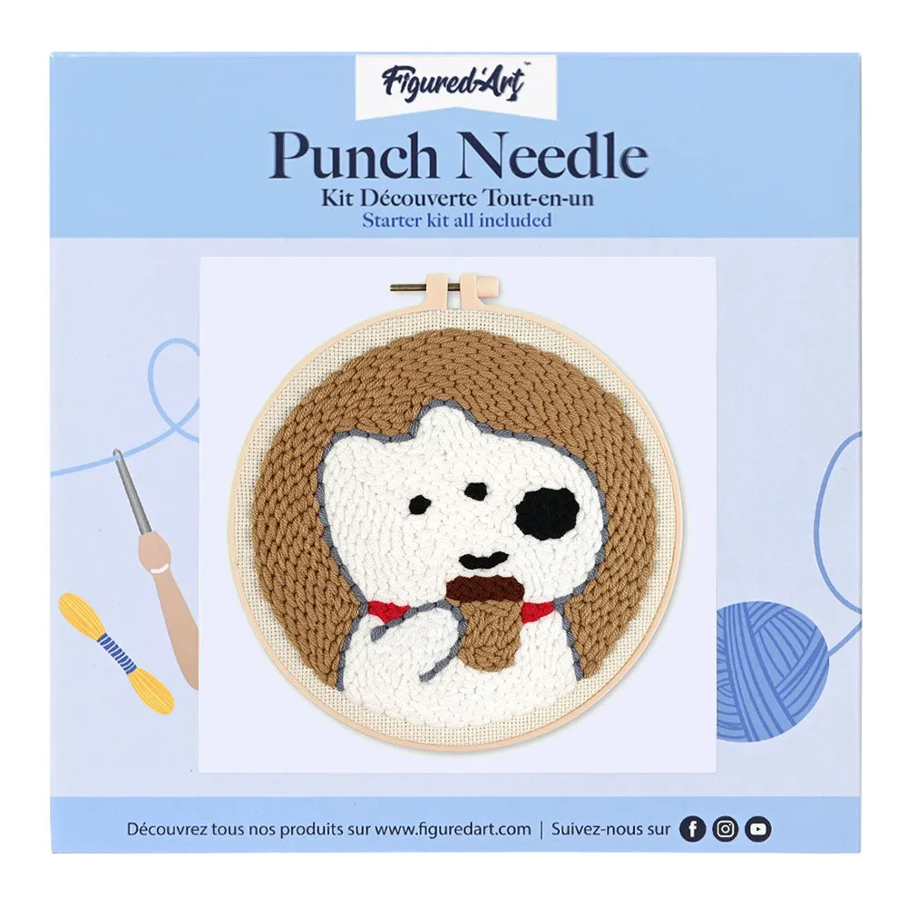 Figured'Art Witte hond en koffie punch needle pakket 20 cm wol