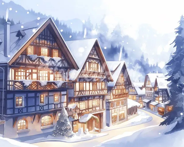 Figured'Art Besneeuwd Dorp diamond painting 40x50cm rond winter