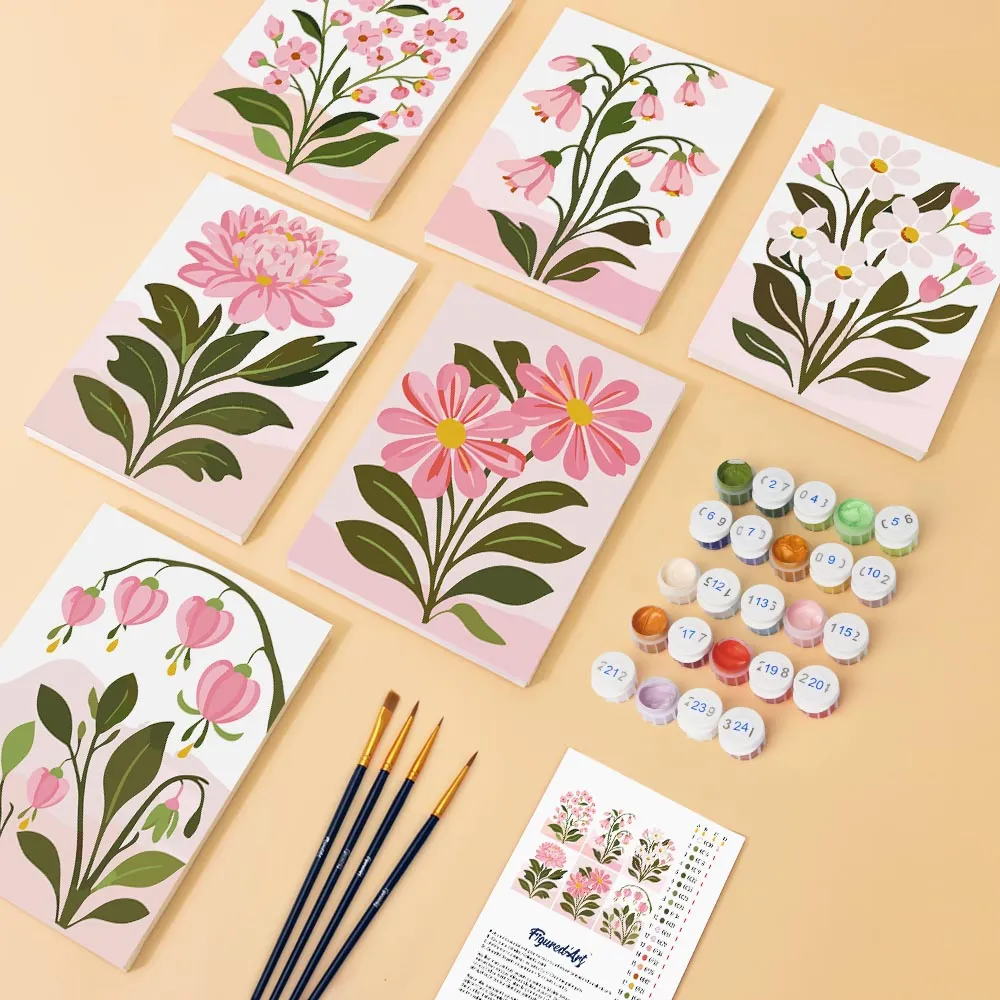 Figured'Art Roze Bloemen mini schilderen op nummer 15x20 cm 6 stuks