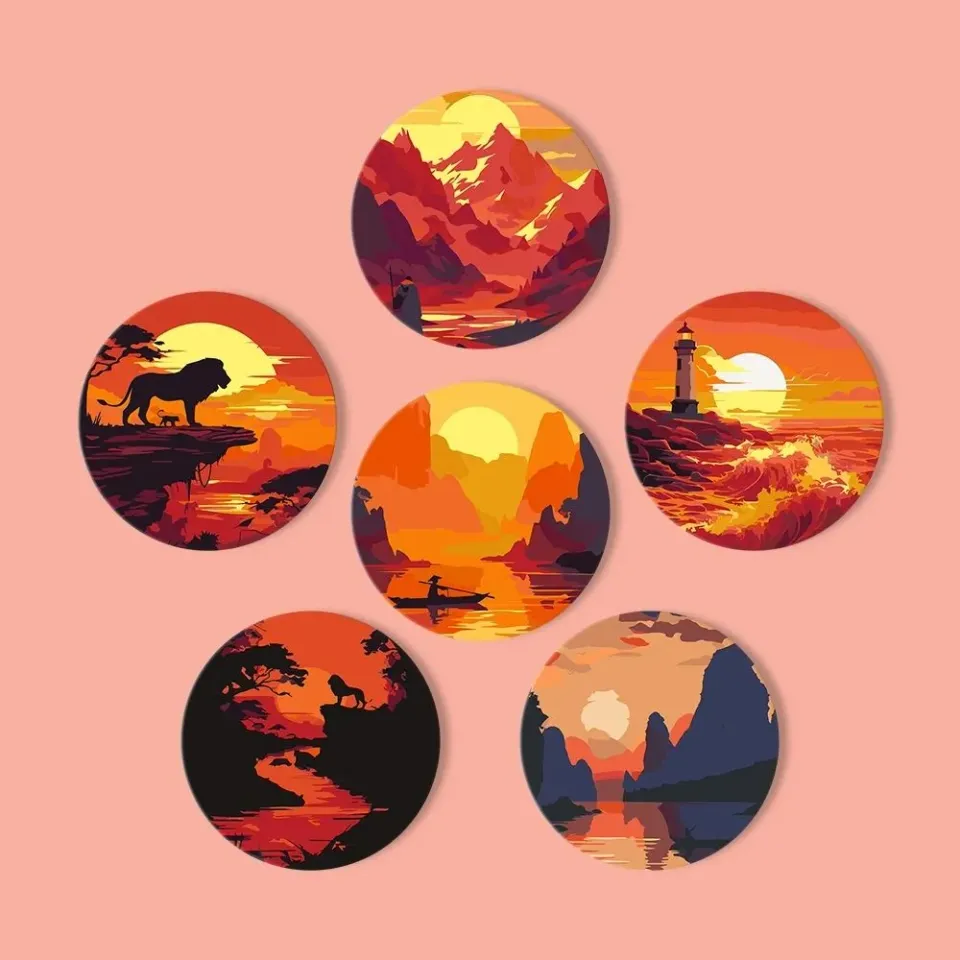 Figured'Art Zonsondergangscène onderzetters schilderen 10cm 6 stuks