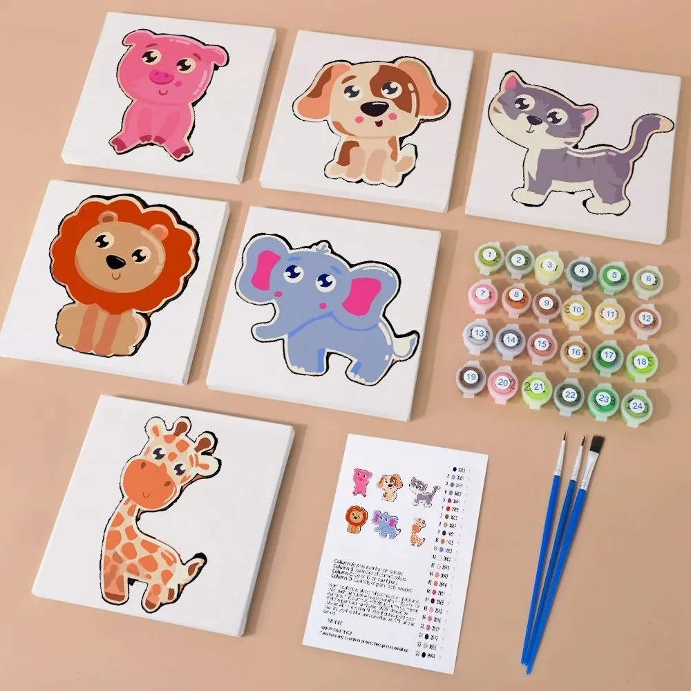 Figured'Art Schattige Dieren mini schilderen op nummer 15x15cm 6 stuks