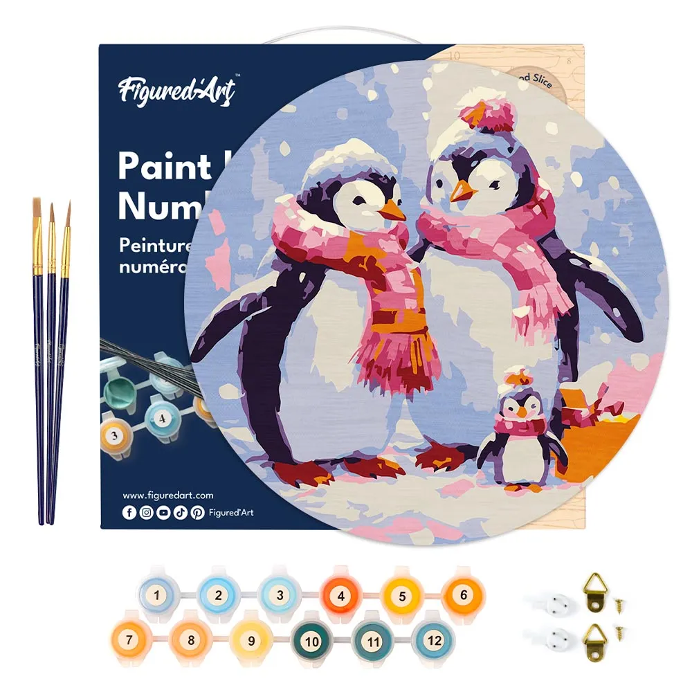 Figured'Art Pinguïfnfamilie in de Sneeuw schilderen op nummer Ø30cm hout