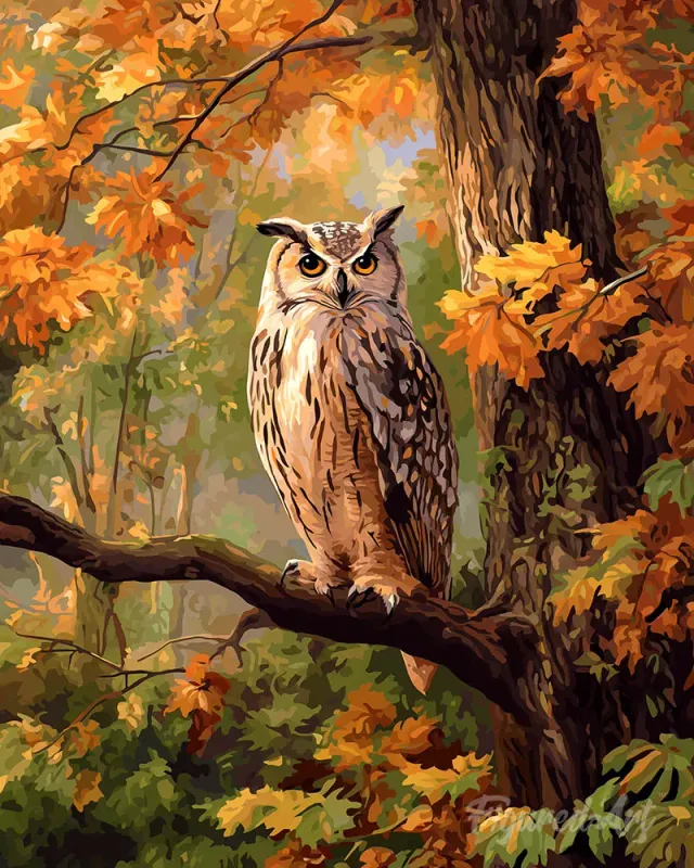 Figured'Art Uil tussen gouden bladeren diamond painting 40x50 cm
