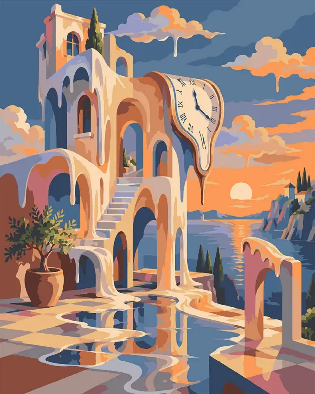 Figured'Art Terras met Surrealistische Klok schilderen op nummer 40x50 cm eenvoudig