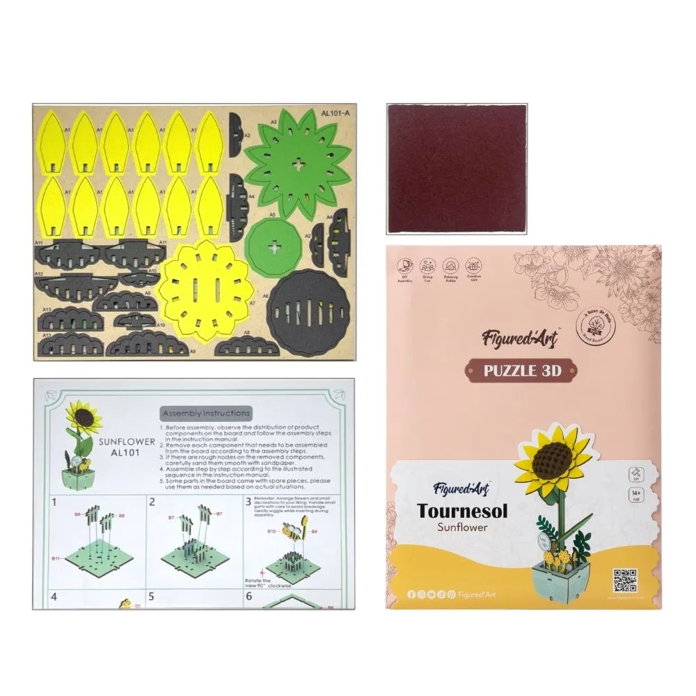 Figured'Art Prachtige Zonnebloem 3D Puzzel 74 Stukjes Hout