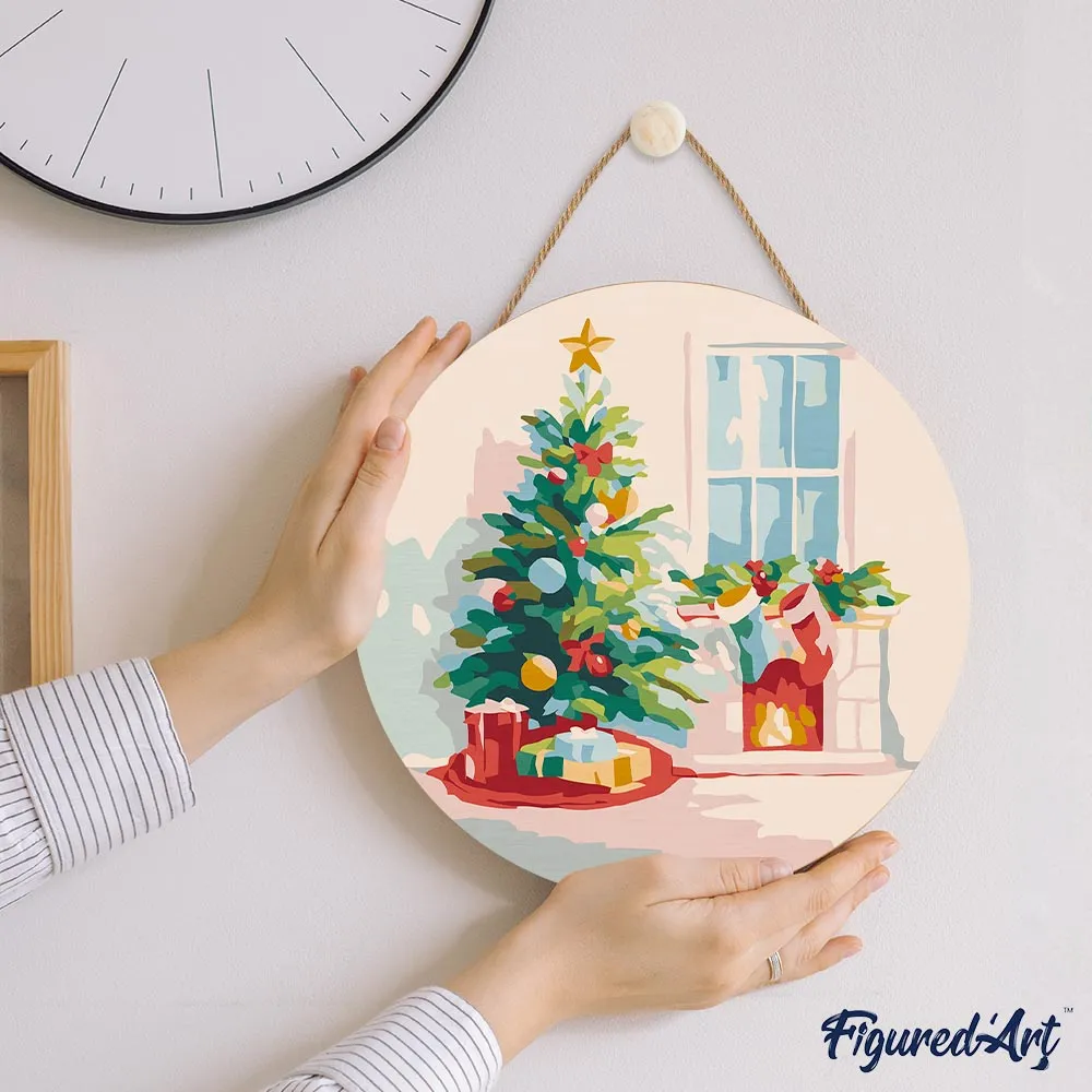 Figured'Art Kerstboom en open haard schilderen op nummer hout 30cm
