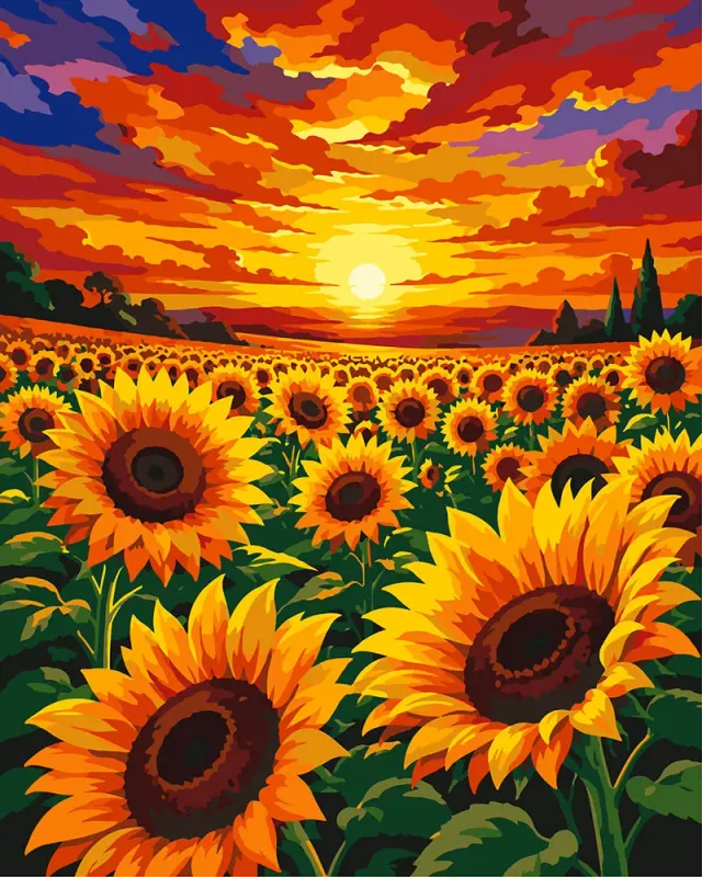 Figured'Art Zonnebloemenveld bij Zonsondergang Schilderen op Nummer 40x50 cm