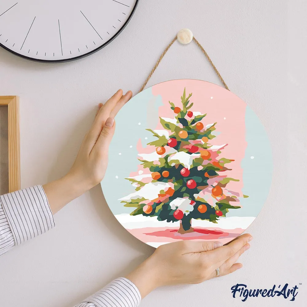 Figured'Art Besneeuwde kerstboom schilderen op nummer schijf 30 cm eenvoudig