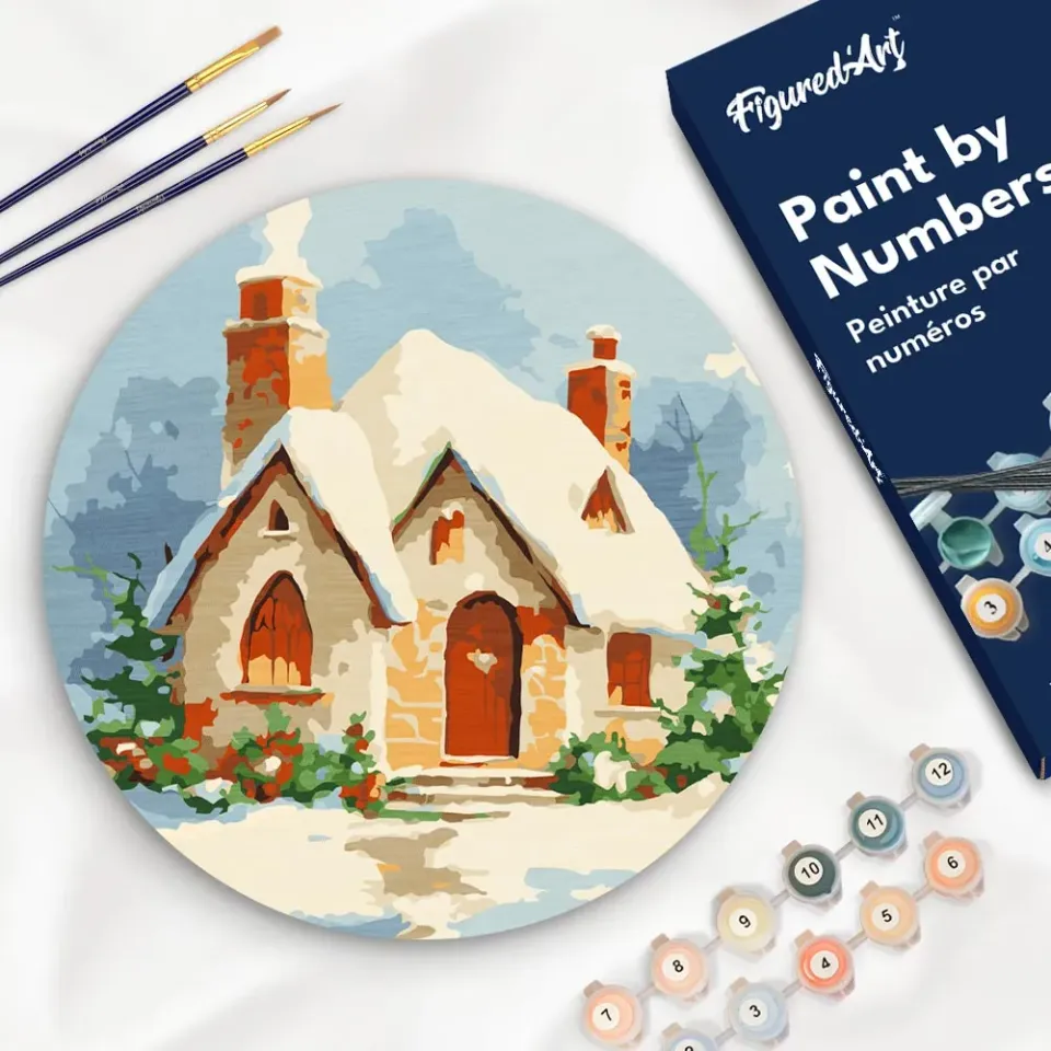 Figured'Art Bakstenen Huis Winter Schilderen op Hout 30 cm Rond