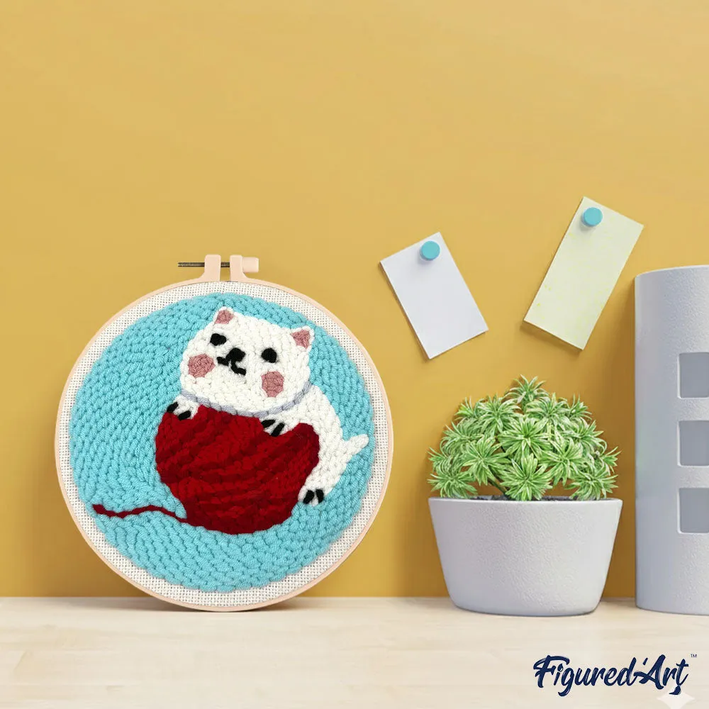 Figured'Art Punch Needle Kat met bol wol pakket 20cm