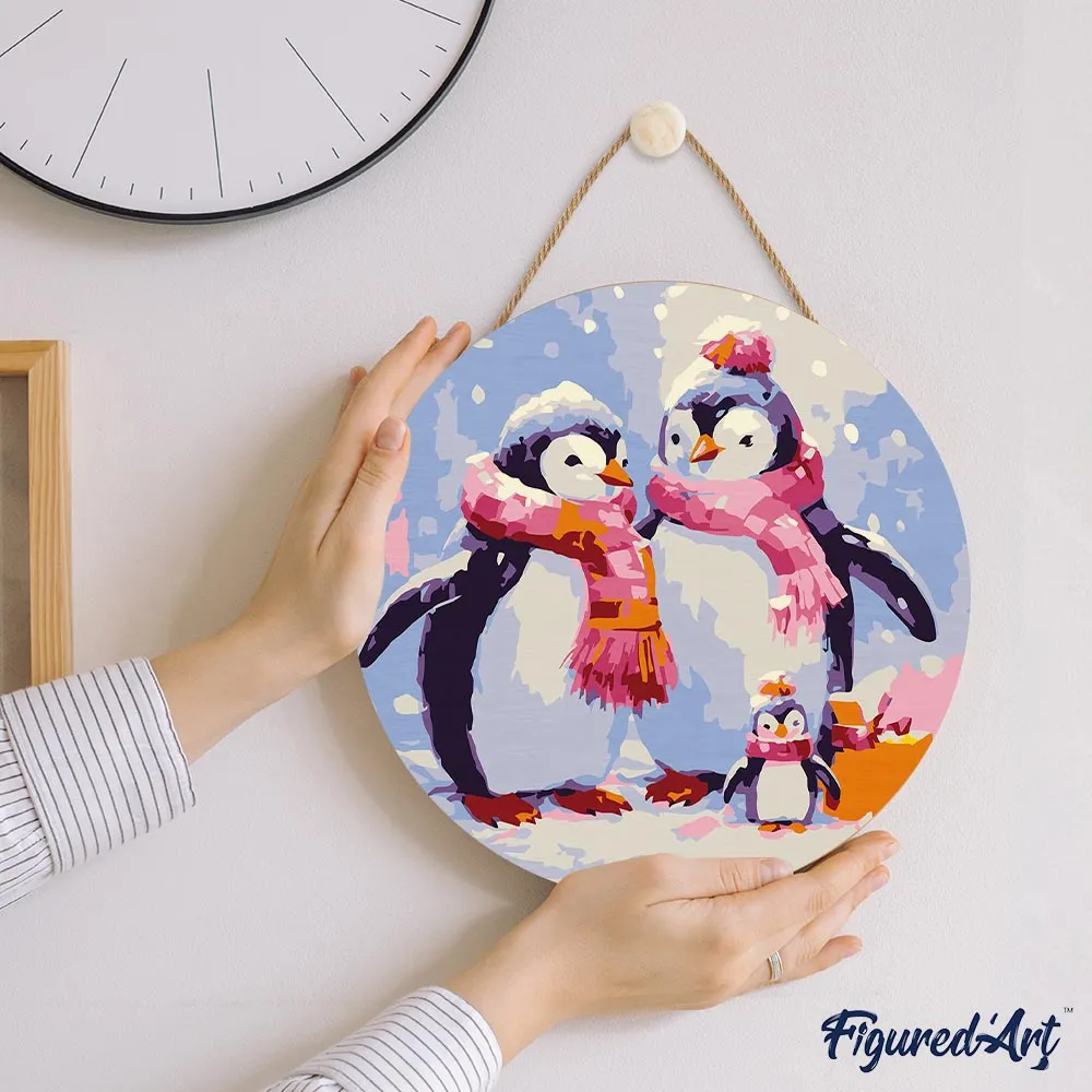 Figured'Art Pinguïfnfamilie in de Sneeuw schilderen op nummer Ø30cm hout