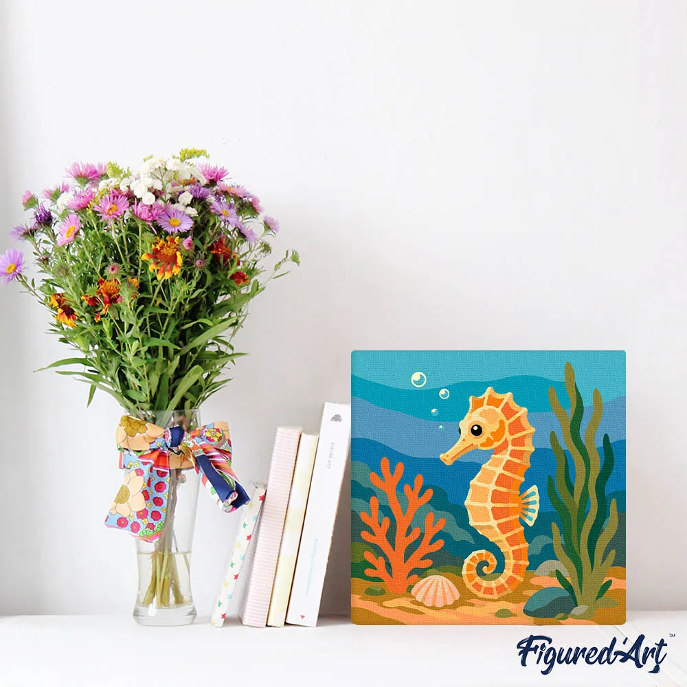 Figured'Art Mini Zeepaardje schilderen op nummer 20x20 cm met frame